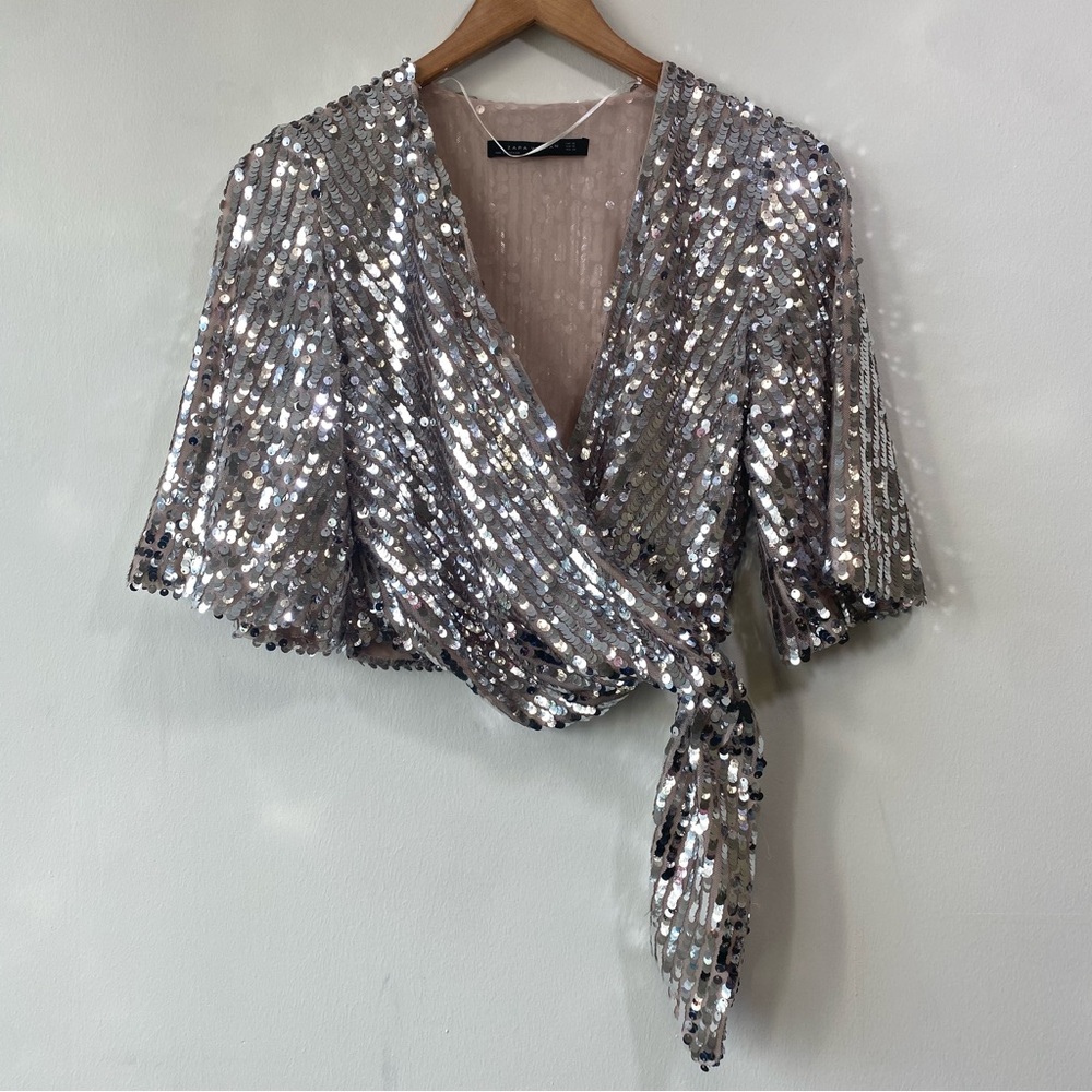 Zara Shimmering Silver Sequin Cropped Wrap Front Top